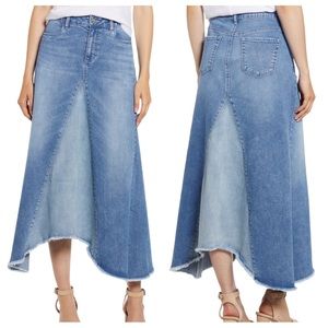 WASH LAB PIECED DENIM MIDI SKIRT IN TWO TONE SKY - BOHO FLUTTER FRAYED HEM SZ 27